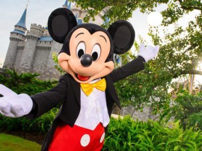 Mickey Mouse na frente do castelo da Cinderella
